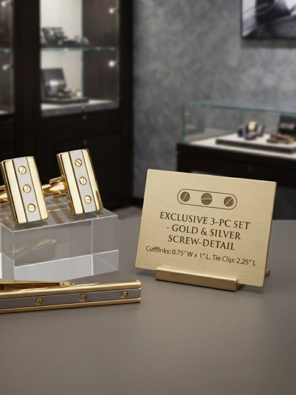 Gold-Tone & Silver-Tone Screw-Detail 3-Piece Cufflink and Tie Clip Set - Picture 2 of 8